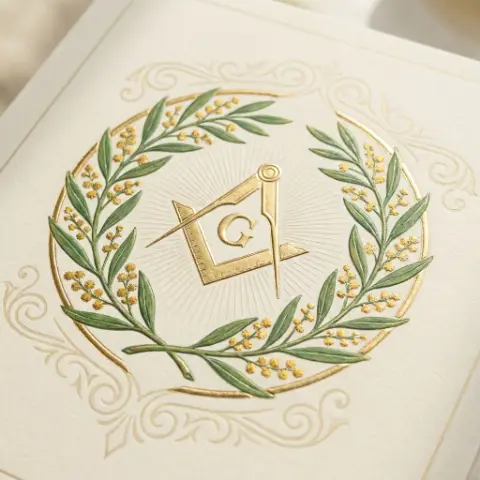 Acacia Lodge crest — square and compasses framed by sprigs of acacia