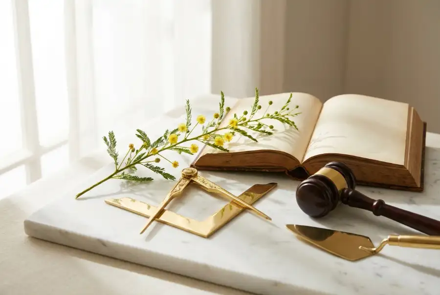 Masonic working tools in soft daylight with a sprig of acacia — square, compasses, gavel and antique book